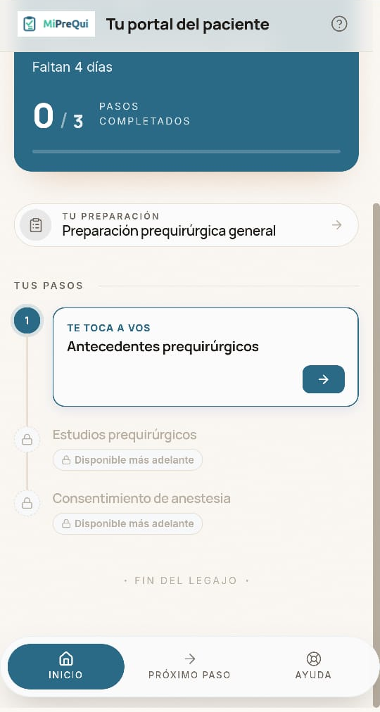 Portal del paciente en el celular: sus pasos de preparación, con el próximo paso a completar destacado